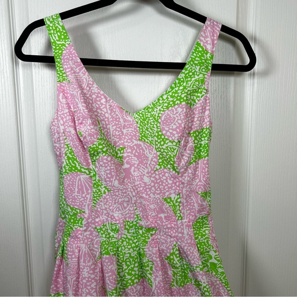 Lilly Pulitzer Dress Sz 0 Mini Green Pink Floral Fit & Flare A Line fully lined - Picture 2 of 12